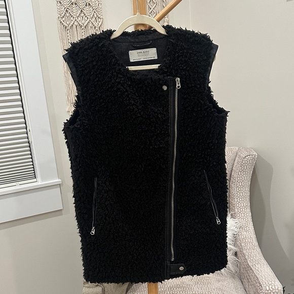 Zara Basic Black Teddy Moto Vest Faux Shearling Zip Vest Medium - Picture 3 of 6